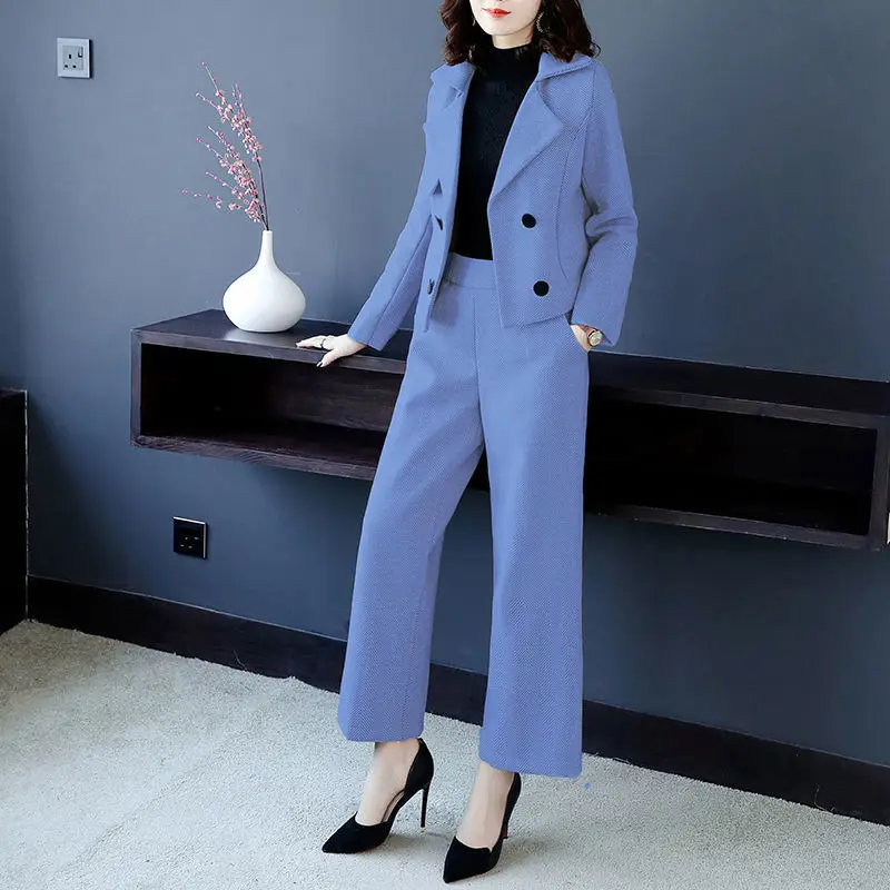 

Two Piece Office Formal Suit Set for Women Business Outfit Double Breasted Jacket with Pants Korean Style Pink Blue Woman Suite
