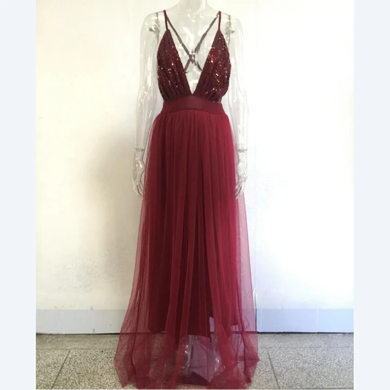 2019 Summer Women Sequined Screen Yarn Spliced Chiffon Dress Suspension Belt Deep V Sexy Bare Back Nightclub Party Dresses | Женская