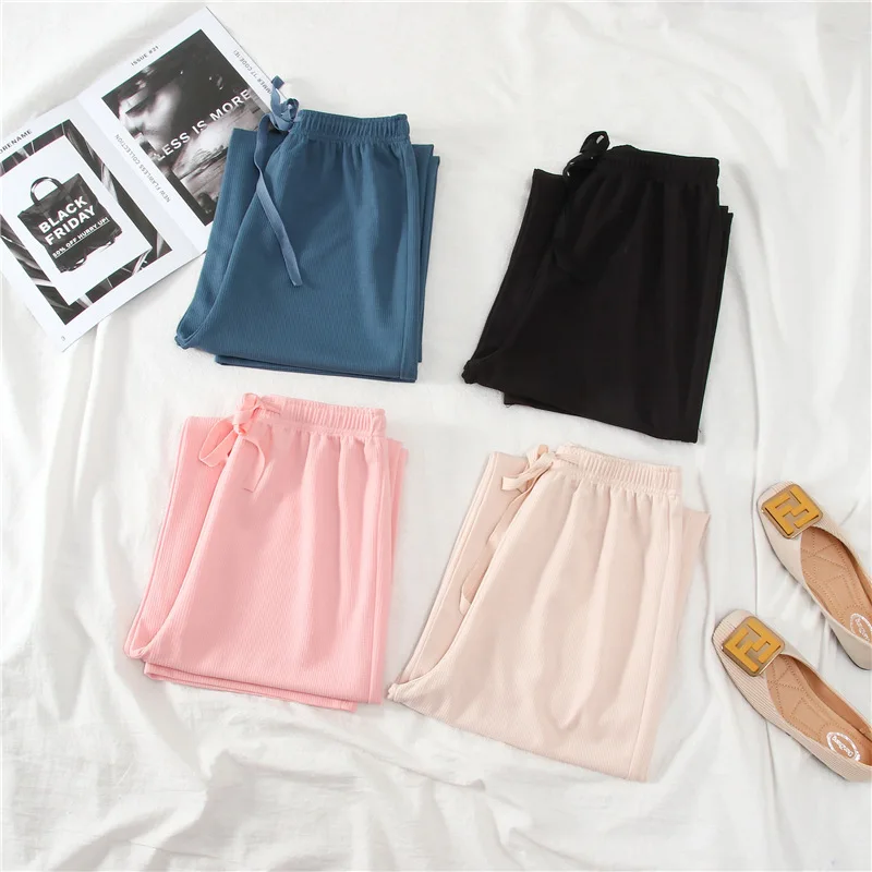 

Thin Wide leg Pants Female Summer Large size Elastic Waist Loose Straight Casual Pants Women High waist Trousers oversize