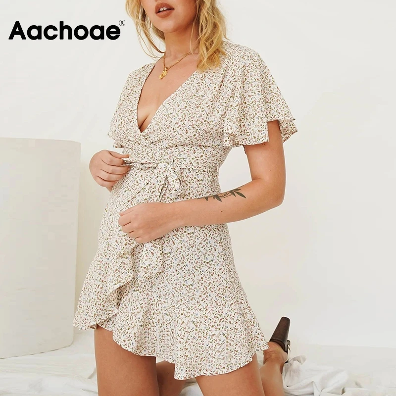 

Мини-платье Aachoae женское с цветочным принтом, Бандажное ТРАПЕЦИЕВИДНОЕ пляжное платье с V-образным вырезом, с расклешенным рукавом, повседне...