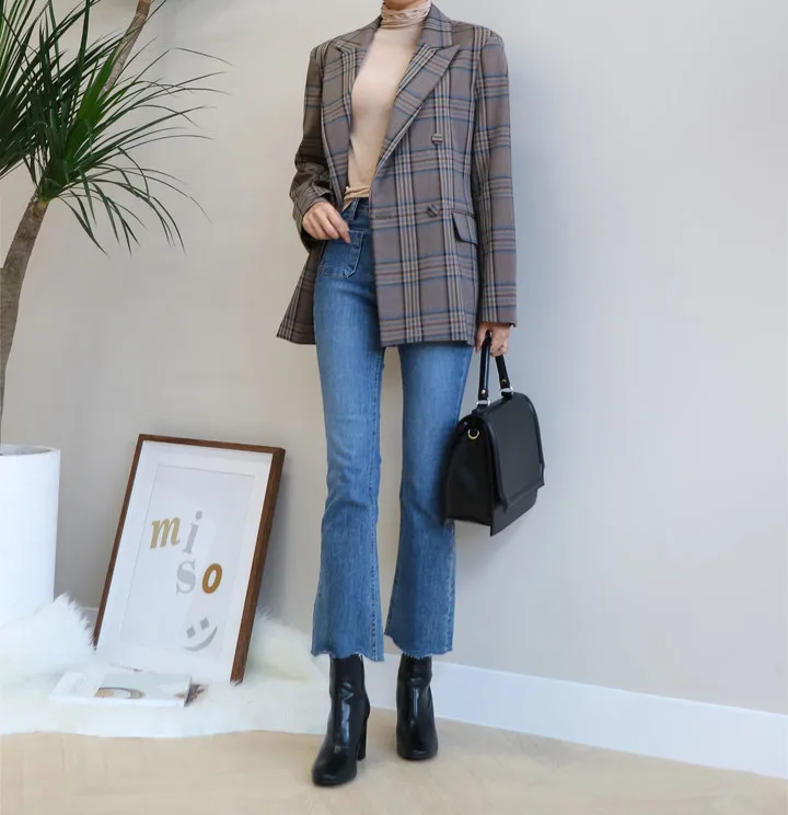 Женский винтажный двубортный блейзер в клетку куртка с карманами женское