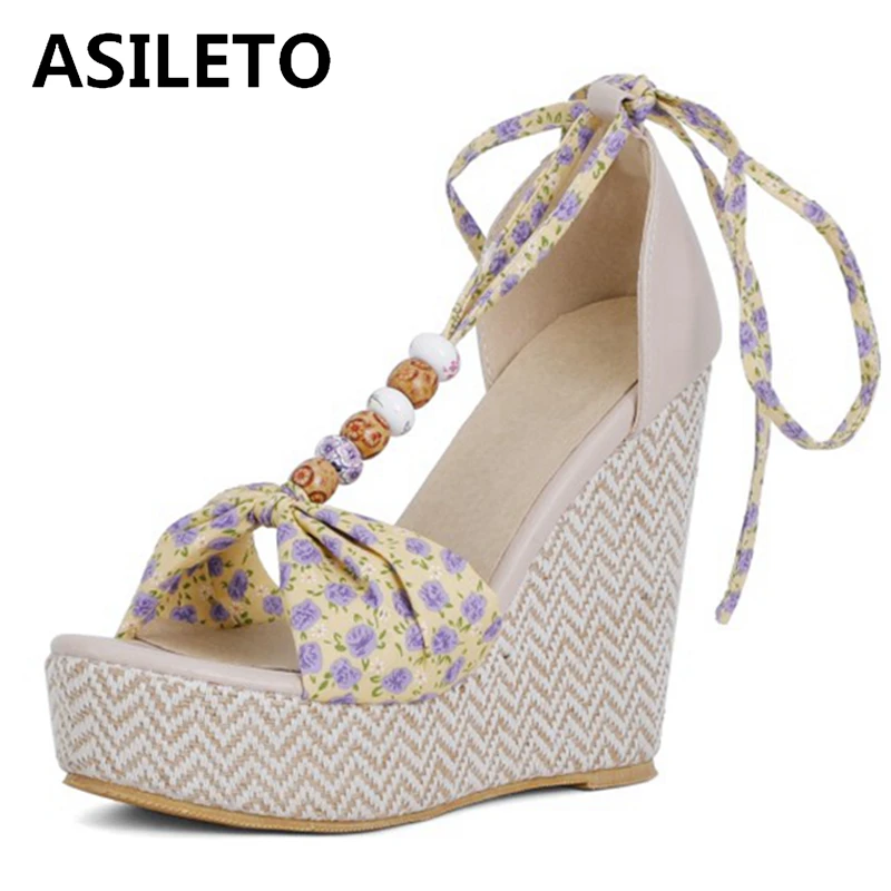 

ASILETO 2021 Ethnic Beading Sweet Open Toe Cover Heel Ankle T Strap Floral 12.5cm Wedge Sandal With Platforms Size 30-48 Green