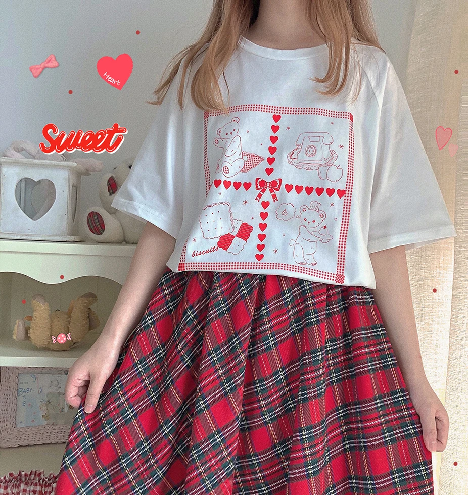 

Women Cute Loving Bowknot Print Loose T-shirt Girls Student Japanese Cute Short-sleeve Casual Vintag pullover Tops Preppy Style