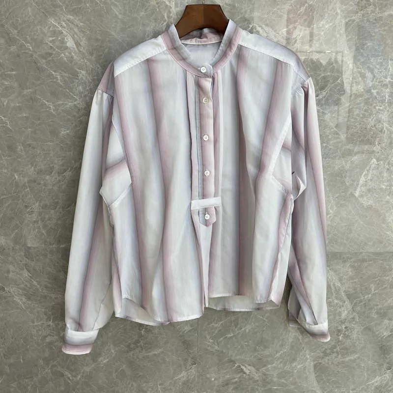 100% Cotton 2021 Spring and Autumn New Long-sleeved Single-breasted Striped Stand-up Collar Casual Loose All-match Shirt