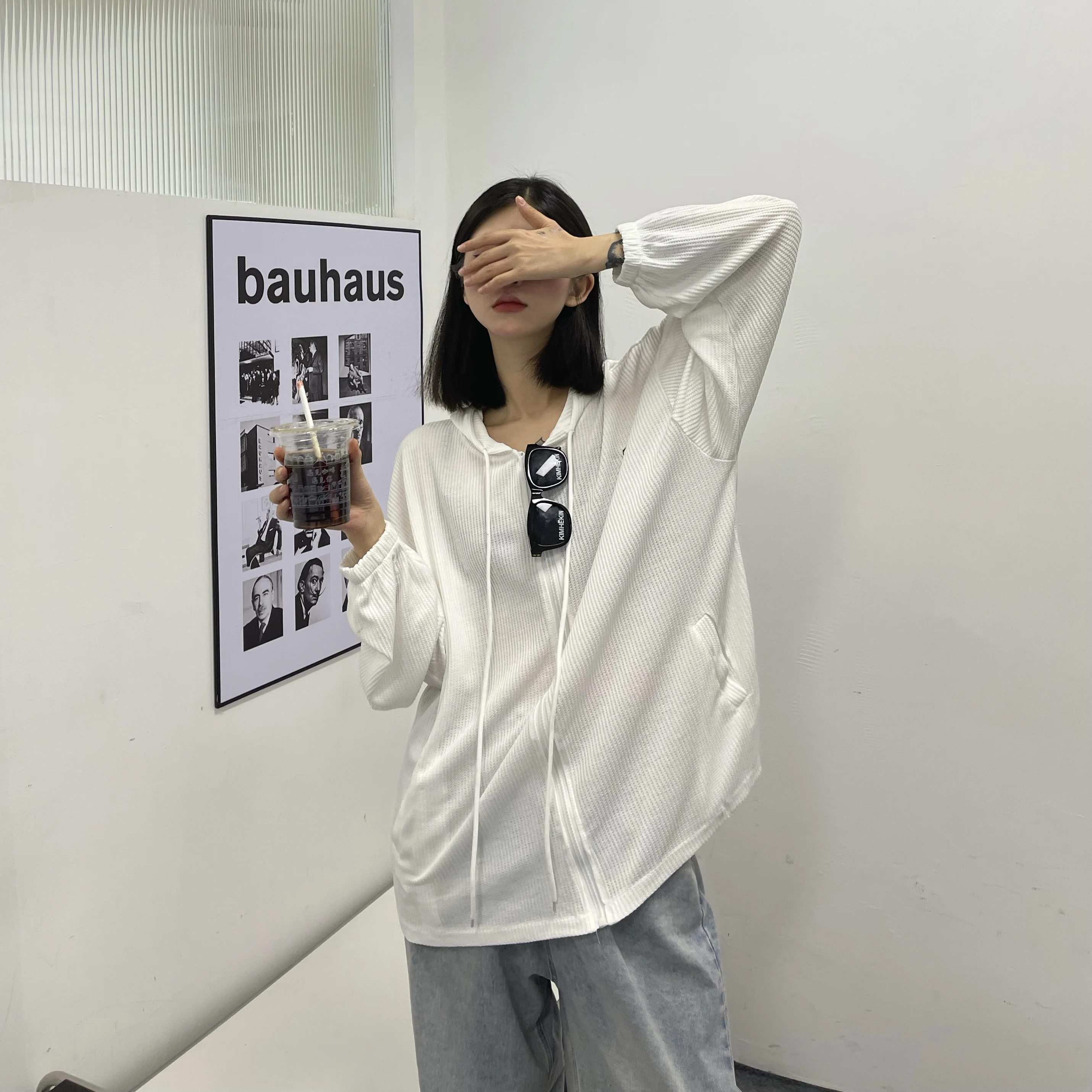 

Summer sunscreen top women's 2021 new Korean version ins retro waffle white loose hooded jacket fashion