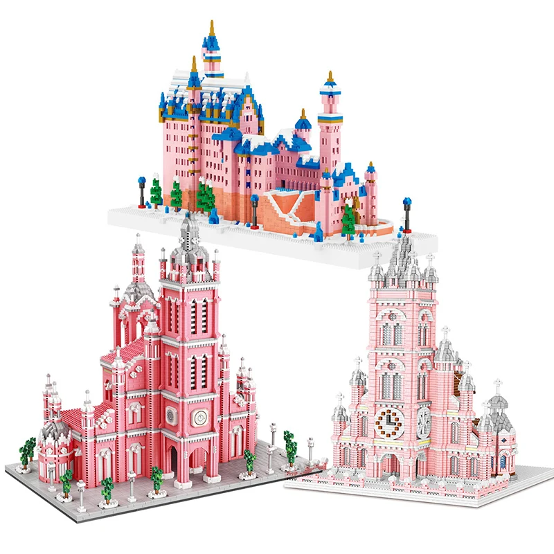 

Diamond Particle Assembly DIY Toy Pink Swan Lake Castle Thailand Grand Palace Big Ben World Famous Building Block for Gifts