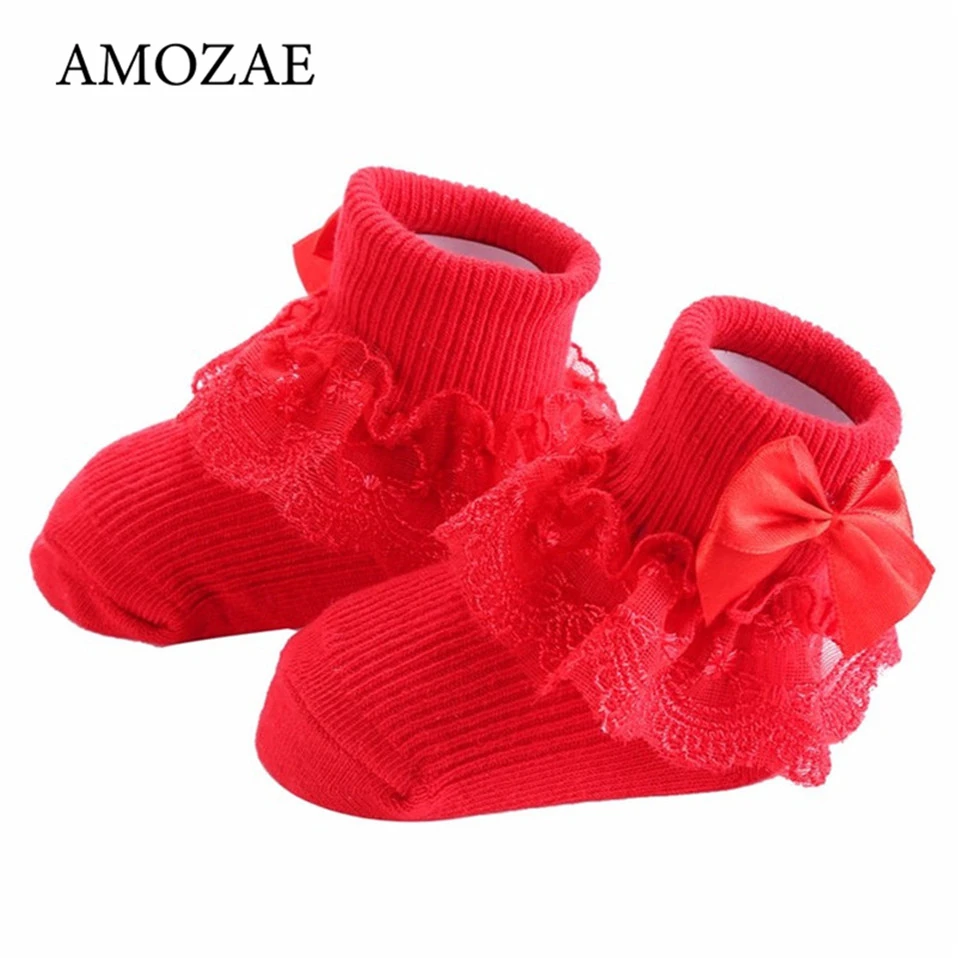 

Носки для новорожденных девочек, хлопковые, зимние, теплые, с бантом, кружевные детские носки