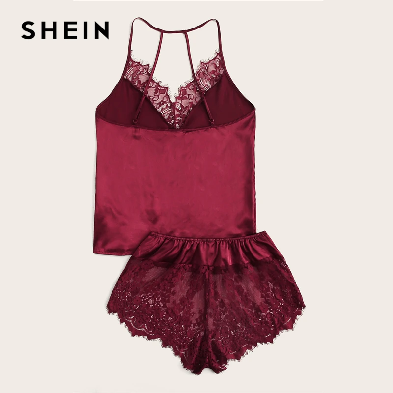 SHEIN Атласный Топ На Бретелях С Кружевом И Шорты Пижама Комплект Женский Розовый Летний Сексуальный Комплект Пижамы