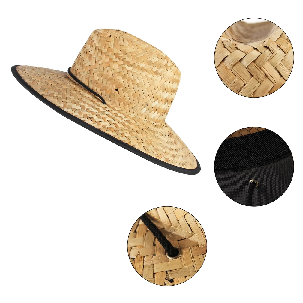 

GEMVIE 2021 Classic Handwork Lifeguard Straw Hat For Men Women Beach Summer Sun Hat Brim Printed With Chin Cord