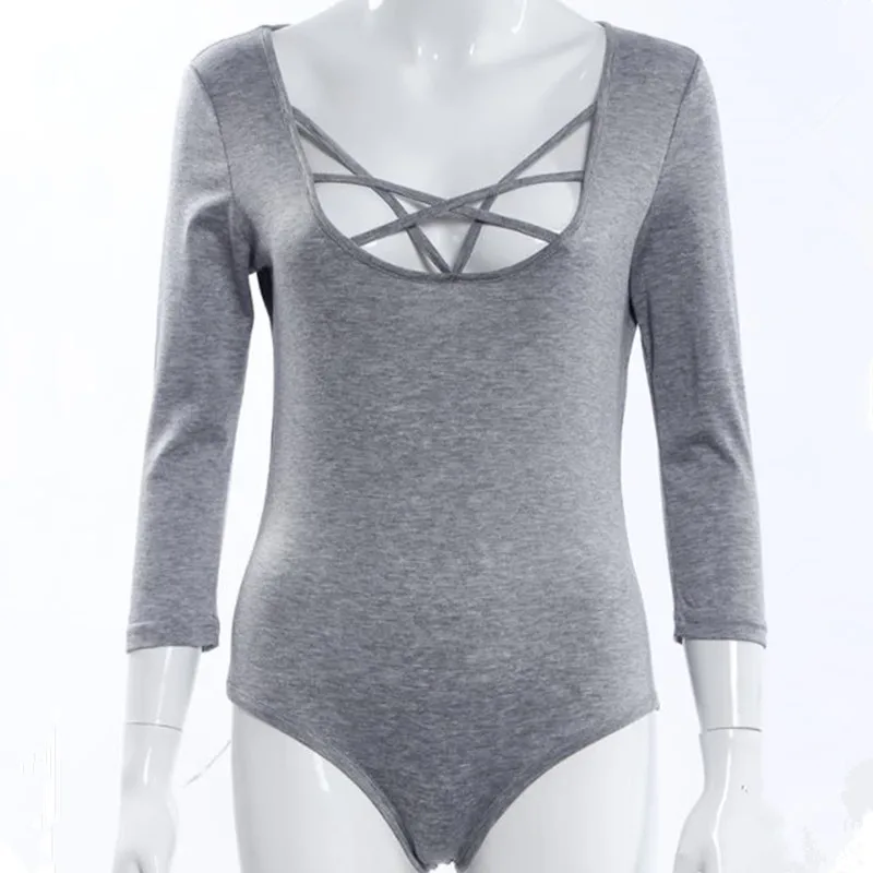 

Autumn Fashion Sexy Women jumpsuit Sexy Lace-up Bodysuit Casual Slim Solid Bandage Bodysuit Lace-Up Hollow Out Women Bodysuit