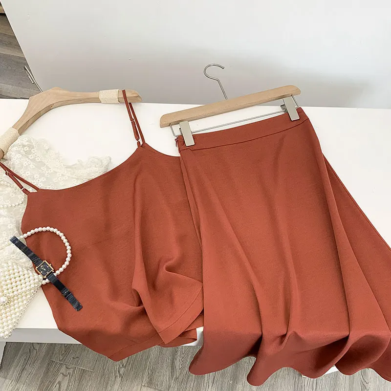 

2020 New Summer Women Skirt High Waist Elegant Satin Skirts Womens Solid A-Line Skirt Jupe Femme Saias Mujer Two-piece Set Women