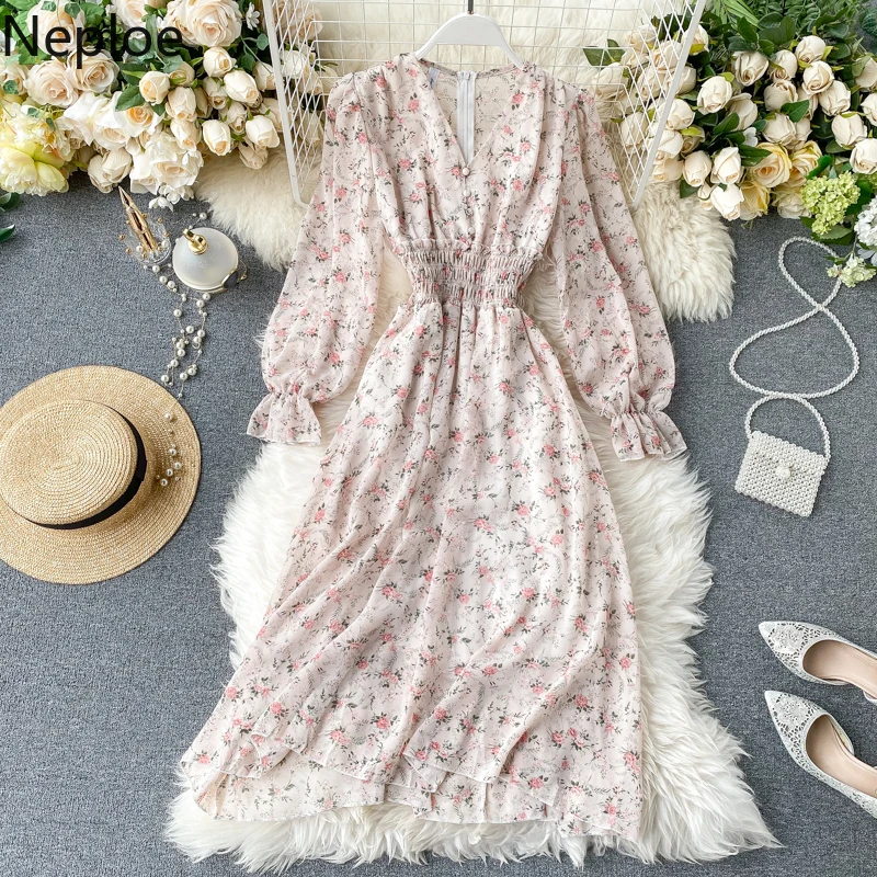 Шикарное шифоновое платье Neploe в Корейском стиле с высокой талией принтом виде