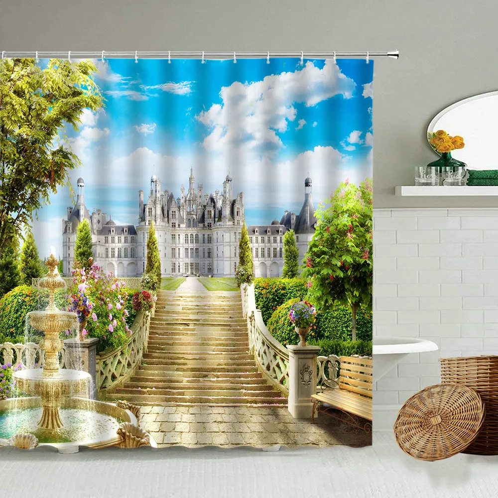 

European And American Architecture Castle Ocean Shower Curtain Flowers Green Plant Spring Landscape Bathroom Waterproof Screen