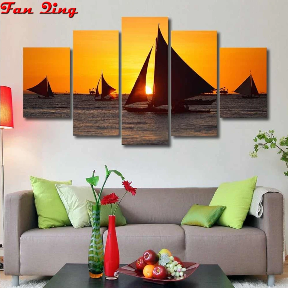 

5pcs Diamond Painting Cross-Stitch Landscape Sea sunset Sailboat Diamond Embroidery Full Drill Diamond Mosaic DIY Rhinestone