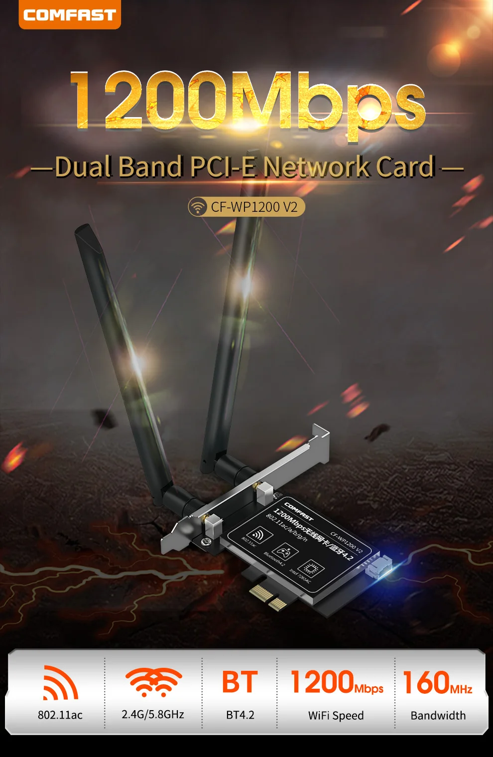 

Comfast 1200Mbps Gigabit Dual Band 802.11AC 5GHz Wireless Wlan Wi-Fi Card Adapter Bluetooth 4.2 Wireless wifi card CF-WP1200 V2