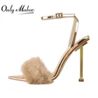 Босоножки Onlymaker, с открытым носком, на металлическом каблуке, с искусственным мехом, черные, розовые, тонкие, большие размеры