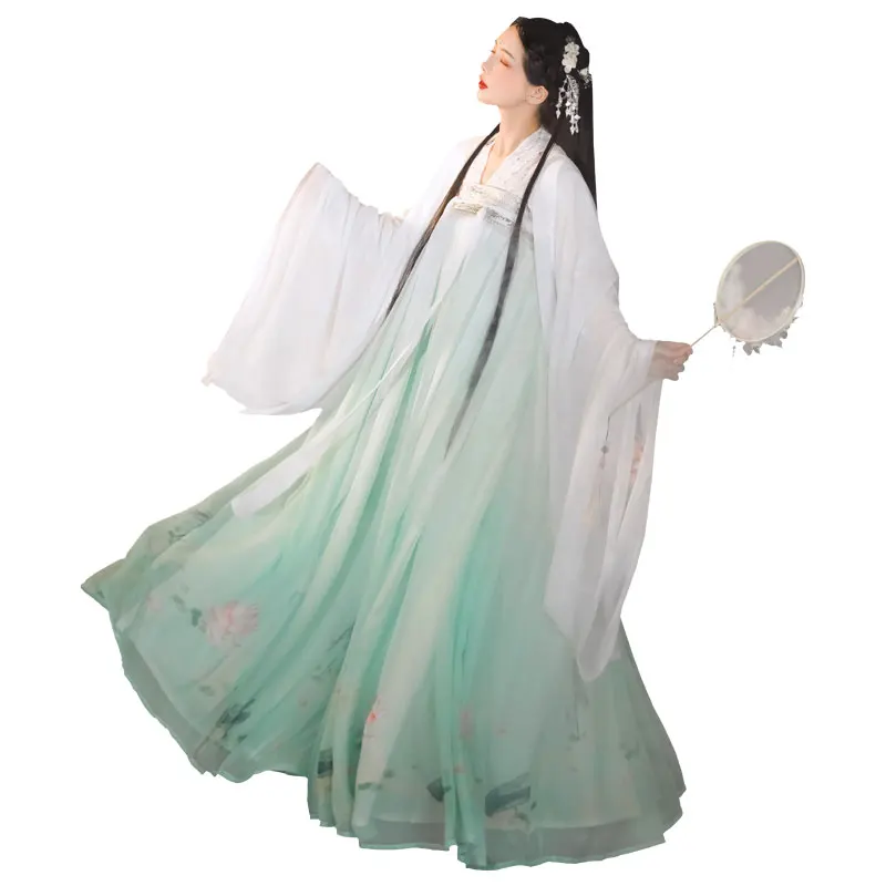 2020 Chinese Hanfu Outfits Fairy Dress White Coat Green Skirt Festival Folk Dance Costume Clothes For Women BI772 | Тематическая