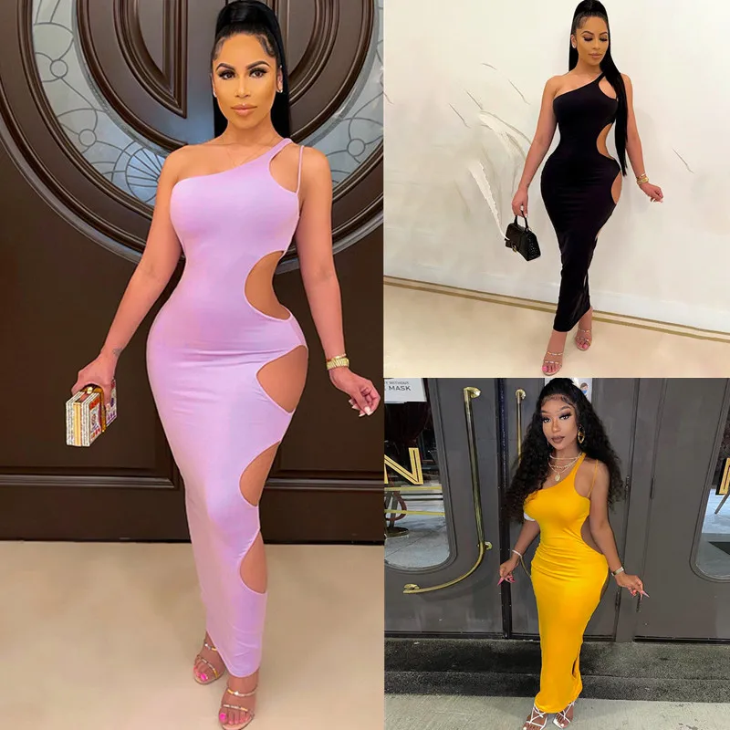 

SKMY Summer New one-Piece Sleeveless Letter Side Hollow Buttocks Slim Dress Solid Color Sexy Oblique Shoulder Casual Midi Dress