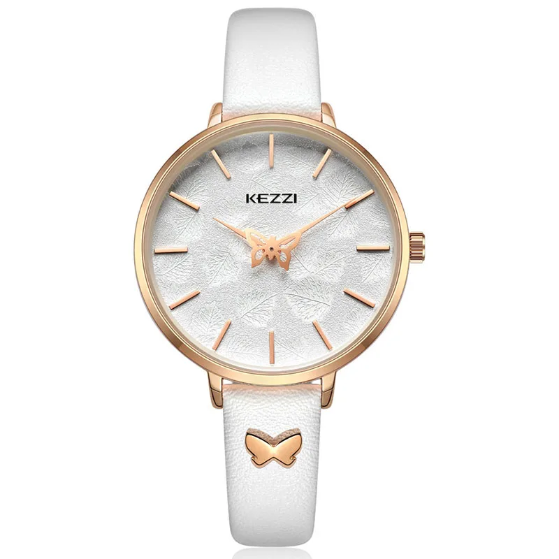 white watch KEZZI женские кварцевые часы модные повседневные Водонепроницаемые кожаные Наручные часы Простой Большой циферблат принт бабочка часы - Цвет: white watch