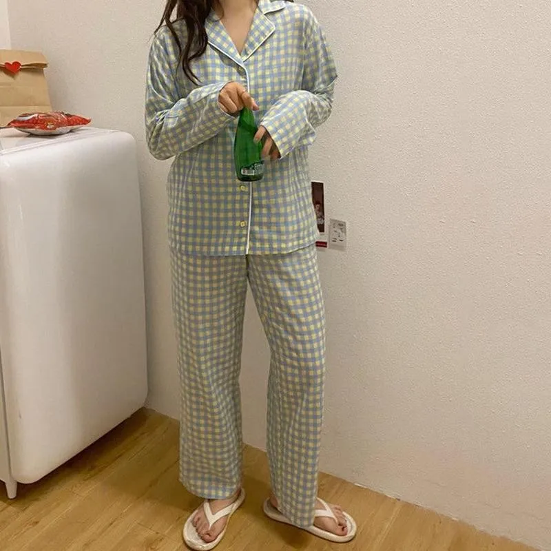 

Winter Plaid Long Sleeve Pajamas Girls Pajamas Set Women Loose Nightwear Homewear Suit Shirt+pants Comfort Fresh And Nature