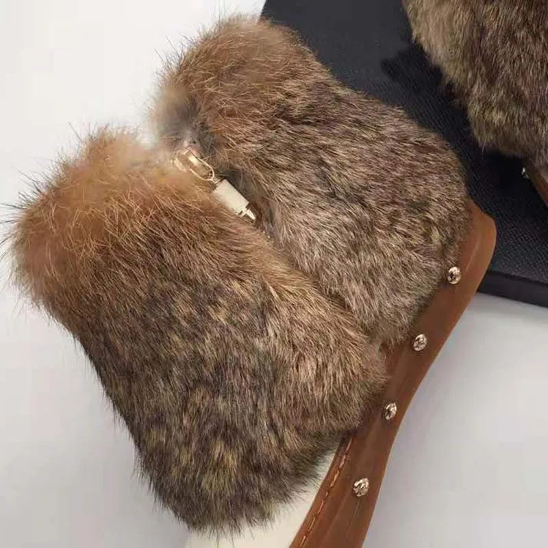 Wool Fur Snow Boots Women Round Toe Rivet Luxury Design Flat Shoes Woman Fashion Warm Ankle Boots Winter