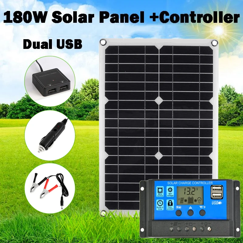 

12V 180W Protable Solar Panel Kit 2 USB Port with 10A/20A LCD Display Solar Charge Controller Off Grid Monocrystalline Module