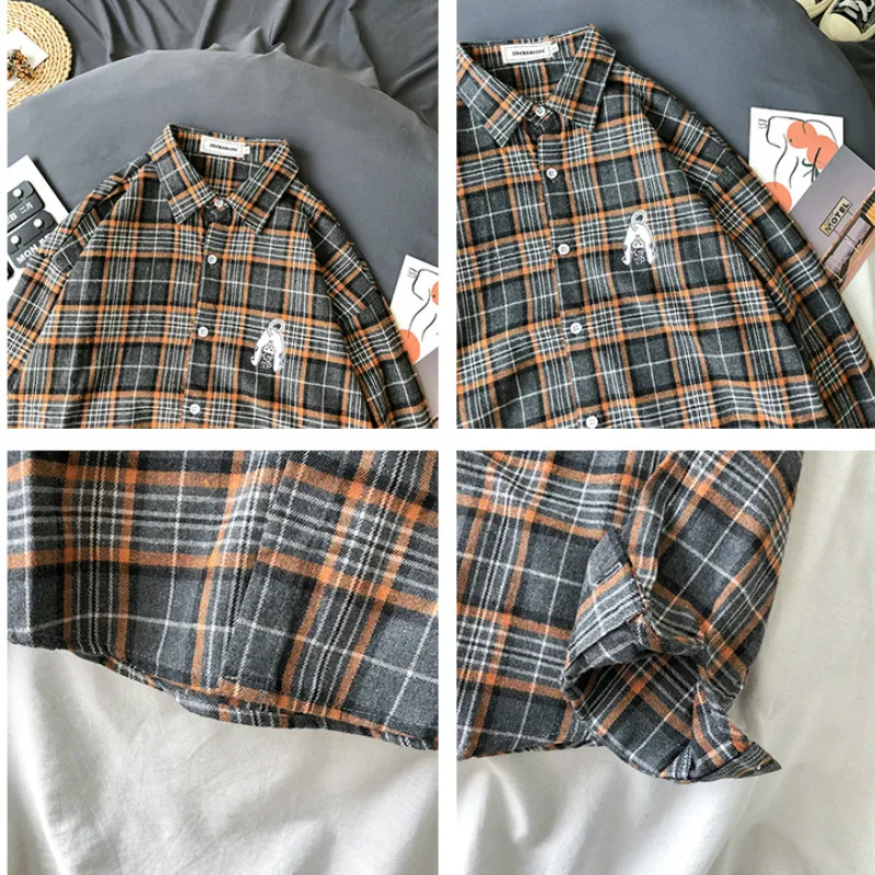 

Men Shirts Plaid Cartoon Couples Fashion Clothing Male Oversize Harajuku Korean Style Loose Ins Chic Long Sleeve Soft Streetwear