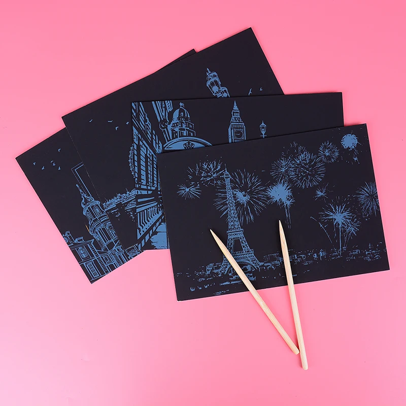 

4 Sheets 20x14cm Scraping Painting Paint Scratch Night View Vintage Postcards Drawing View Fireworks Oil Painting Postcard