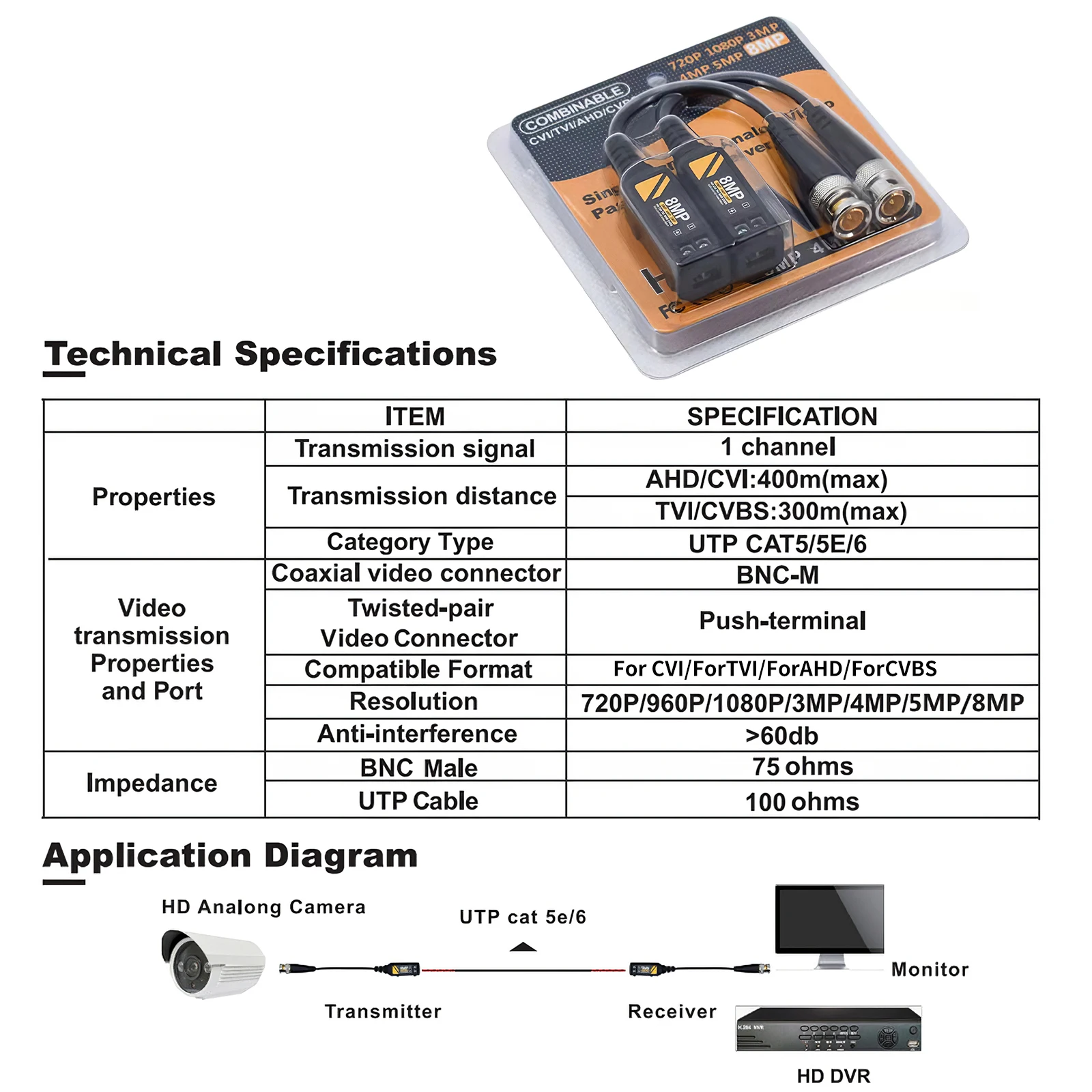 Passive Video Connector CVBS AHD CVI TVI UTP 4 In 1 Balun Coaxial High Definition Twisted Pair Transmitter | Безопасность и защита