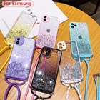 Чехол для Samsung S20, A50, A51, A11, A71, A20S, A31, A21S, A01, A30S, Прозрачный блестящий чехол с ремешком на шею, защитная крышка для объектива камеры