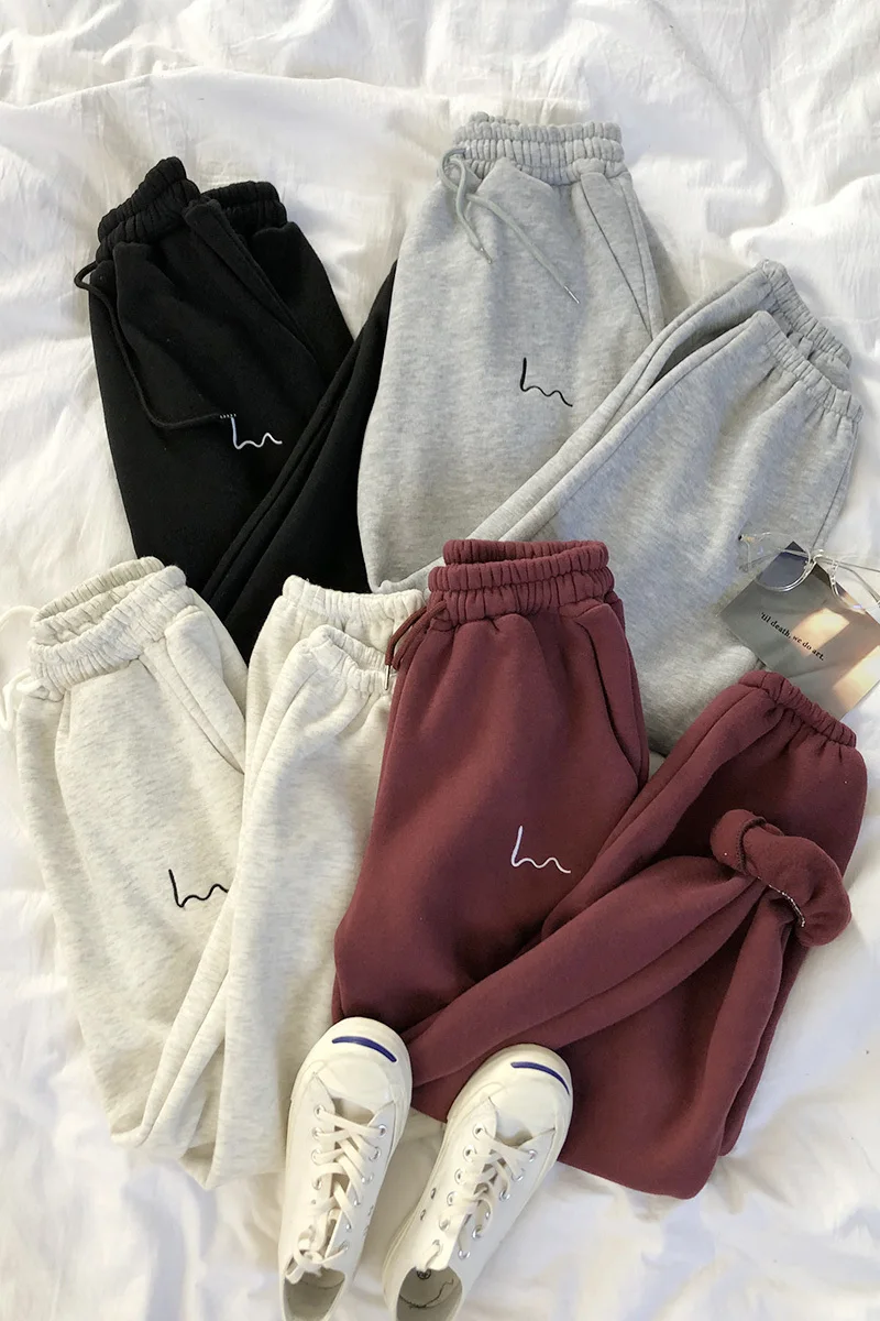 

2021 Mooirue Winter Women Harem Pants Stripes Embroidery Gray Black Fleece Pants Bottom sweatpants women