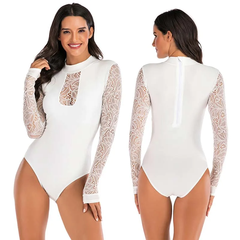 Белый New See Through Long Sleeve Rash guards Women Mesh Swimwear One Piece Swimsuit Sports Surf Beach wear Bikini Bathing Suits - Цвет: Белый
