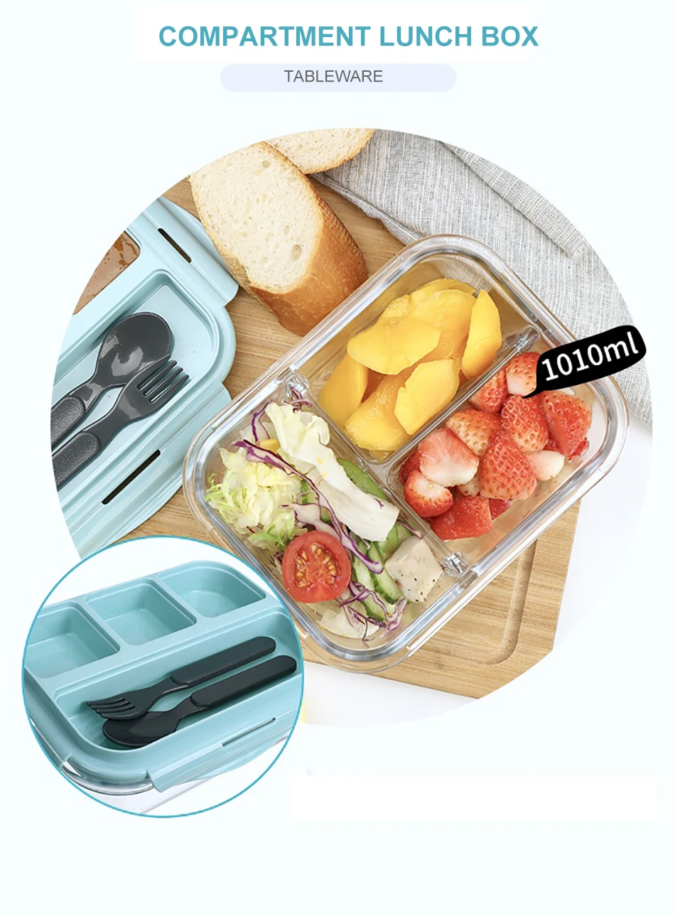 Baispo Ланч-бокс для детей стеклянный микроволновый Bento box контейнер для еды и отсек для хранения школы герметичный кухонный с подогревом