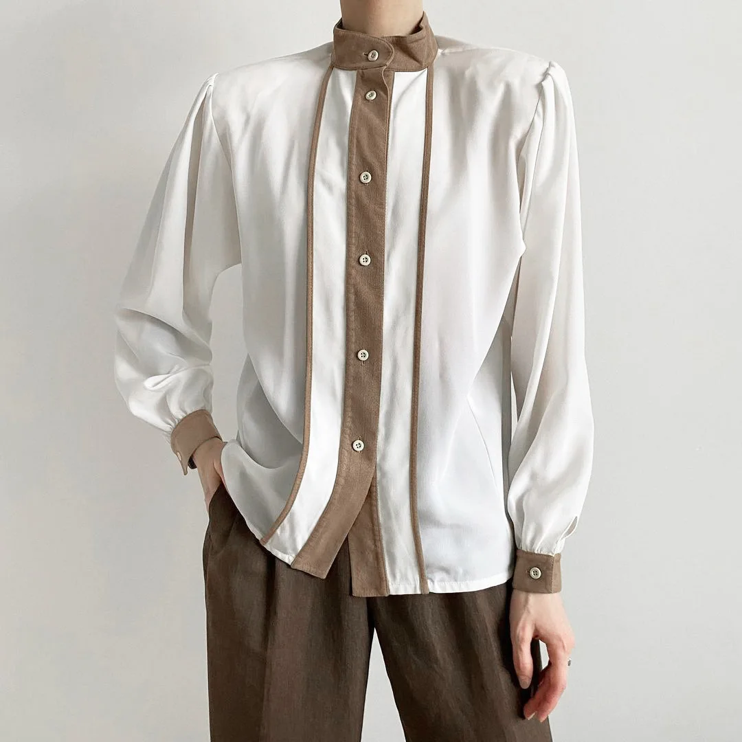 

European American Stand Collar Stitching Contrast Color Commuting Temperament Shirt Women Spring New Long-Sleeved Thin Shirt