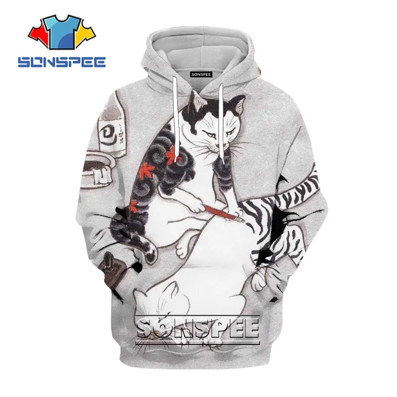 

SONSPEE 3D Printing Japanese Samurai Cat Tattoo Hoodies Men's Cool Classic Art Women's Casual Hoodies Round Neck Hoodies