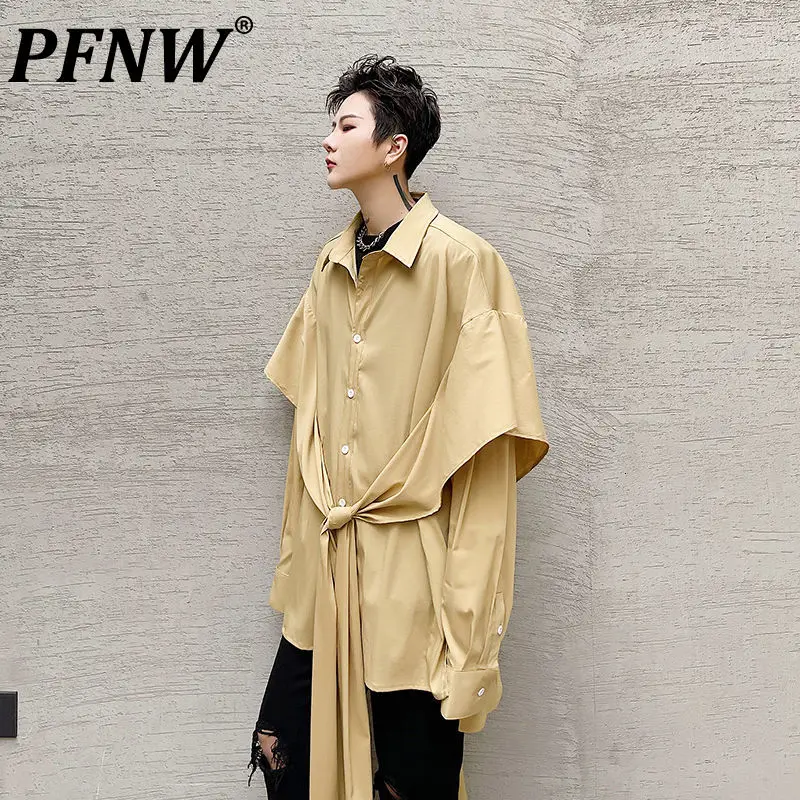 

PFNW 2021 Осенняя нишевая свободная желтая новая трендовая Мужская рубашка, однобортные повседневные топы с лентами для танцев в стиле High Street ...