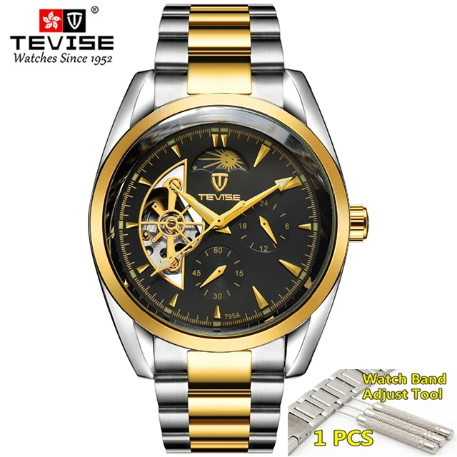 black gold TEVISE автоматические часы Tourbillon механические часы мужские часы деловые наручные часы Мужские часы со скелетом montre homme - Цвет: black gold