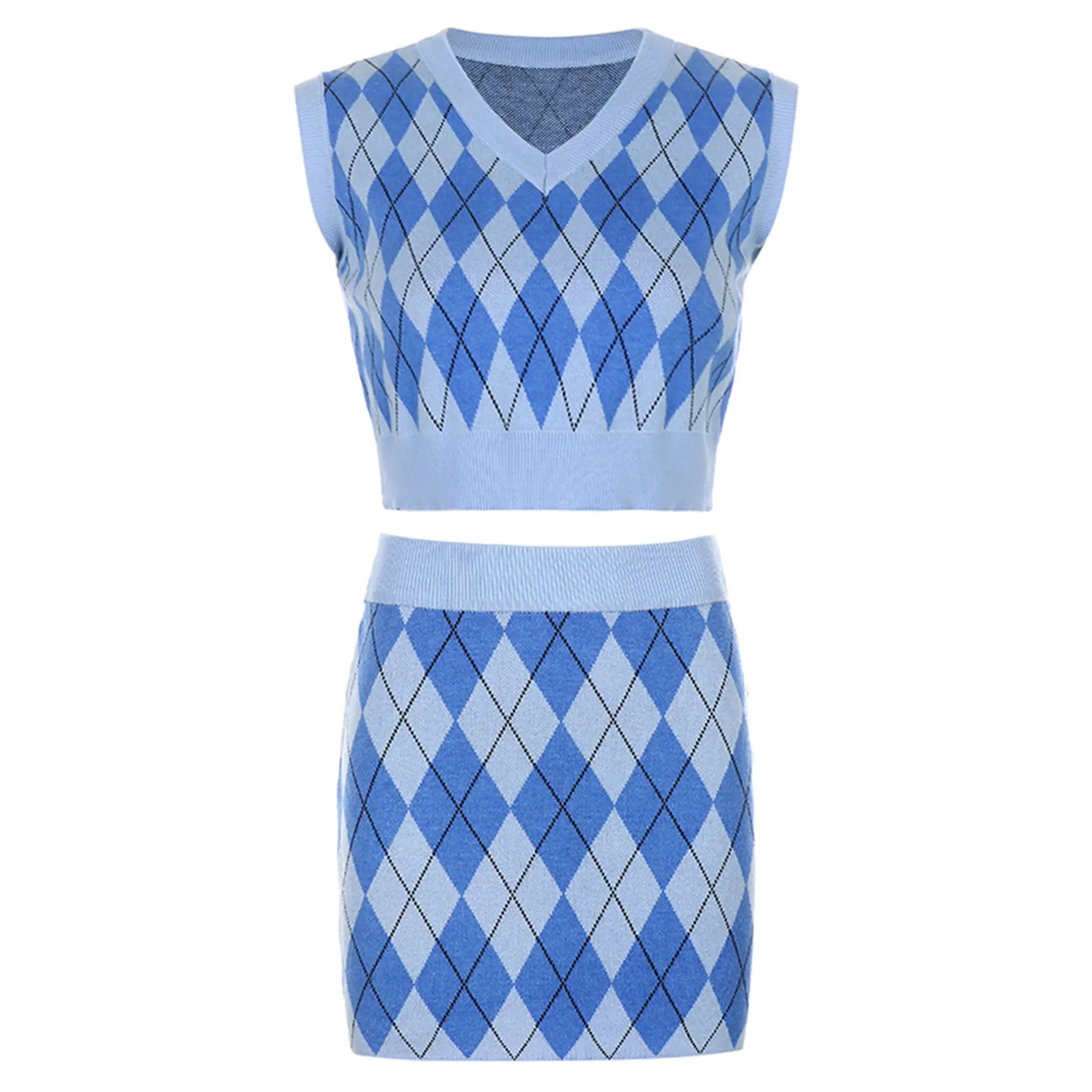 

YHLZBNH Y2K Aesthetics Argyle Plaid Knitted Co-ords Set E-girl Sleeveless Tank Tops and Mini Skirt Suit 2 Piece Vintage 90s