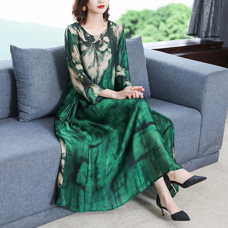 ZUOMAN 2021 Loose Casual Print Mulberry Silk Maxi Dress Spring Summer Vintage 4XL Plus Size Dress Elegant Women Bodycon Party Ve