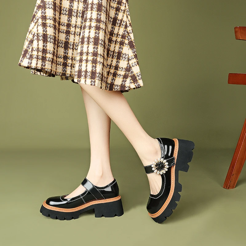 

Flat Woman Mary Janes Genuien Leather Shallow High Platform Thick Bottom Buckle Strap Crystal Sandals