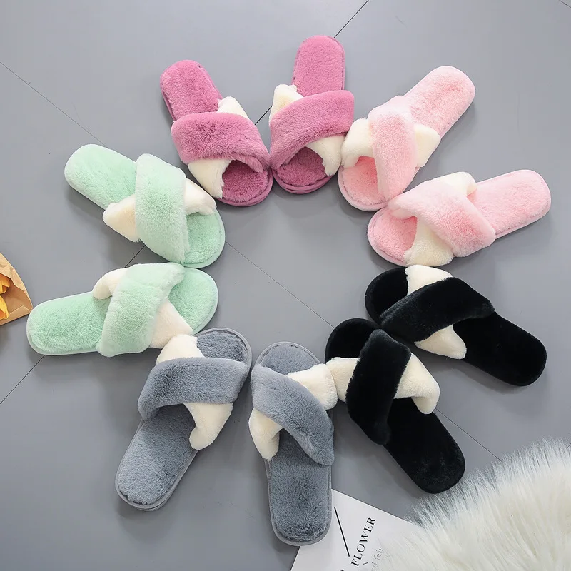 

Snug Open Toe House Slippers Women Living Room Shoes Girls Cross Band Slippers For Home Two-Tone Shoes Ladies Fluffy Slippers