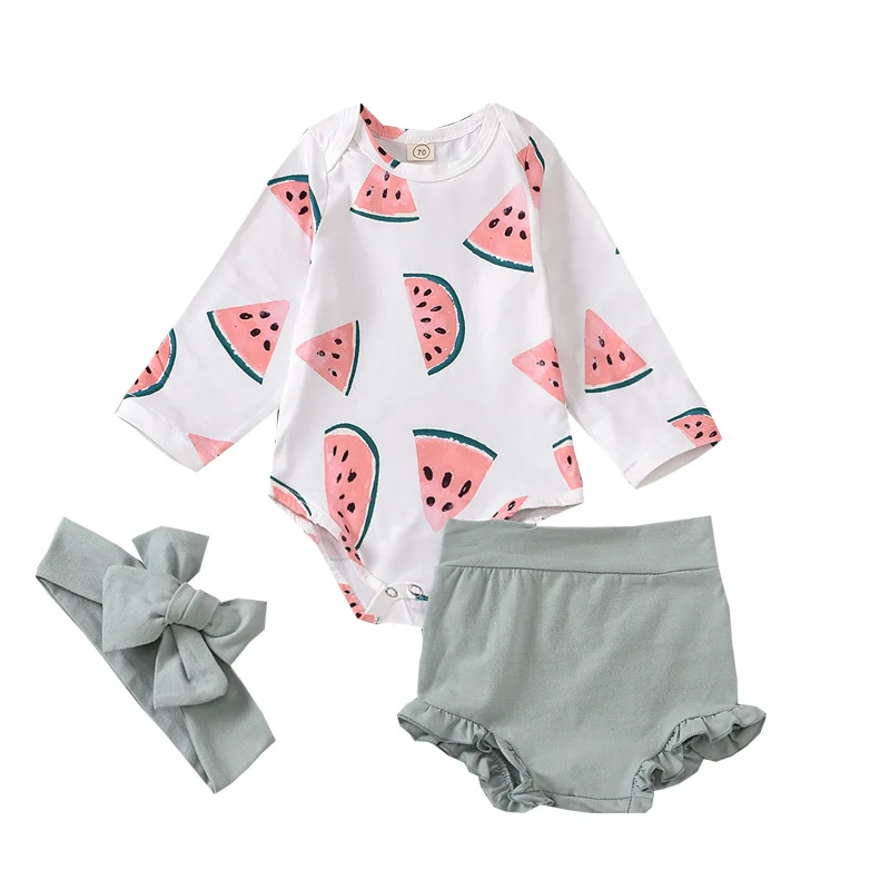 Baby Girls Rompers Girls Watermelon Print Long-Sleeve Playsuit Shorts Headband For 0-2Y  Birthday Infant Girls Kids Outfits 3PCs