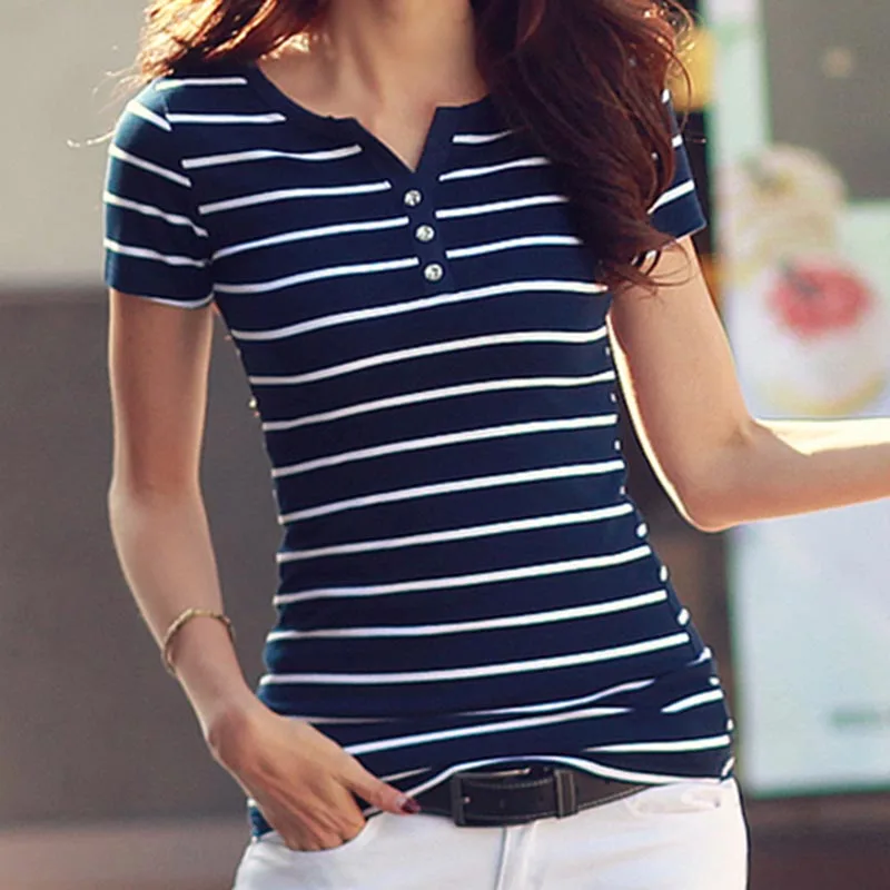 Женская хлопковая футболка повседневный топ с V-образным вырезом и коротким
