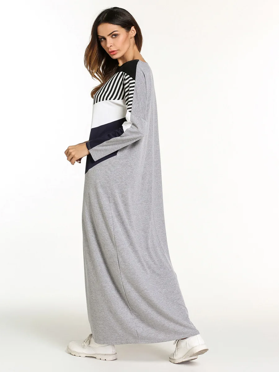 Женское осеннее платье длинная юбка с круглым вырезом контрастная полоска |