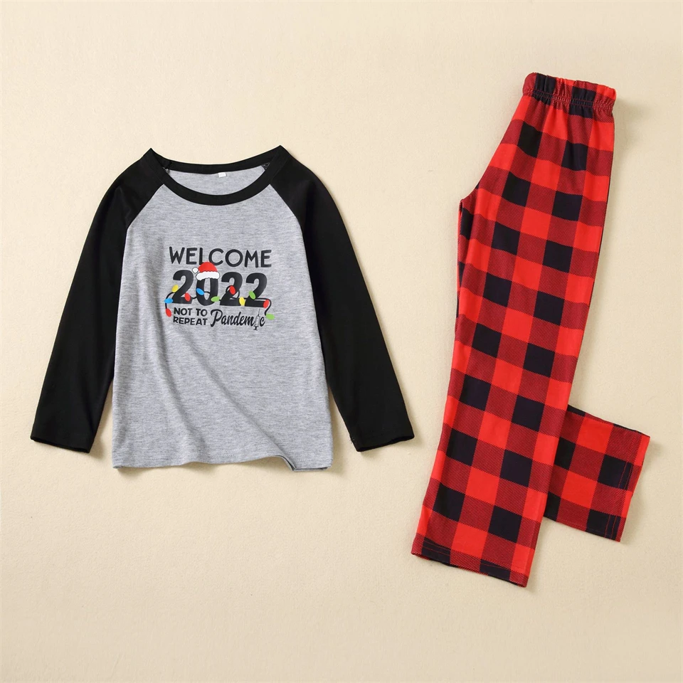 Mother Kids Family Look Matching Christmas Pajamas 2021 Cartoon Letter Printed Women's Tee Shirt Plaid Pants Pjs for Girls Baby
