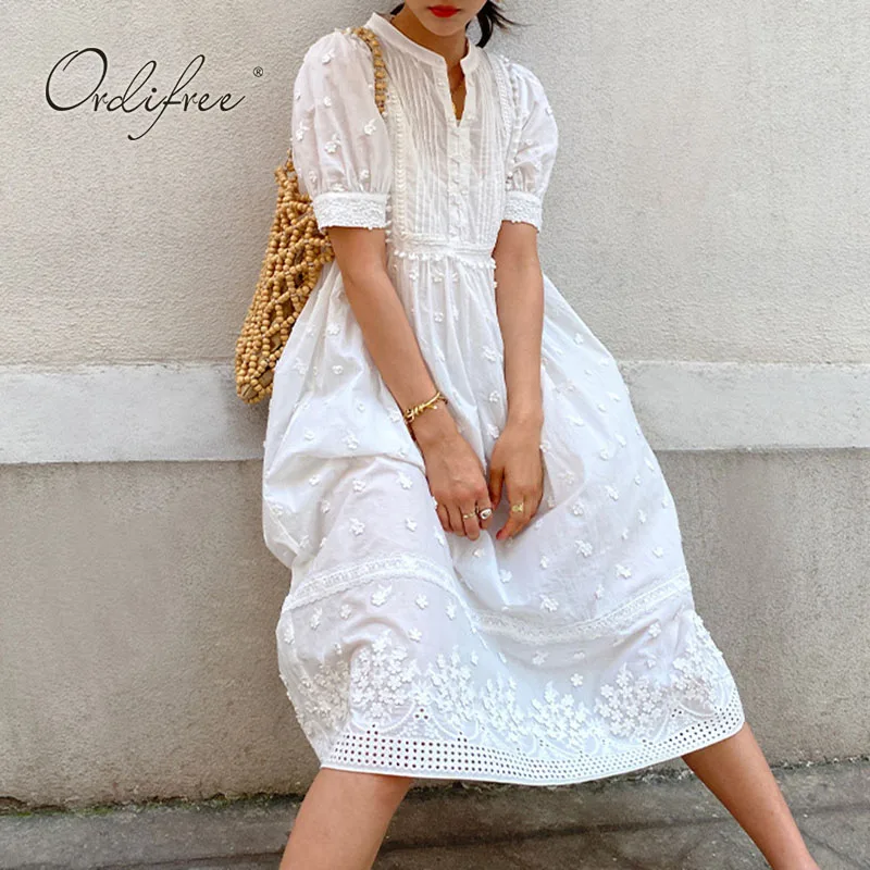 

Ordifree 2021 Summer Vintage Women Embroidery Dress Short Sleeve Cotton White Lace Vocation Tunic Beach Dress