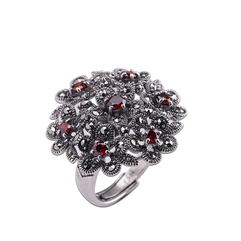 

S925 Sterling Silver Ornament Exaggerated Women's Garnet Ring