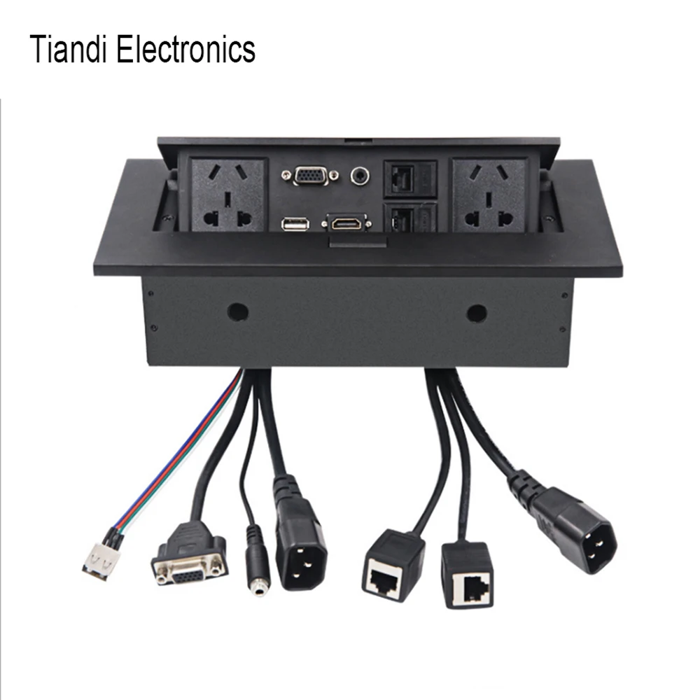 

Universal Five Holes Plug Zinc Alloy Pop Up Black Right Angle Tabletop Socket HDMI 3.5 Audio VGA RJ45 USB Multimedia Connector