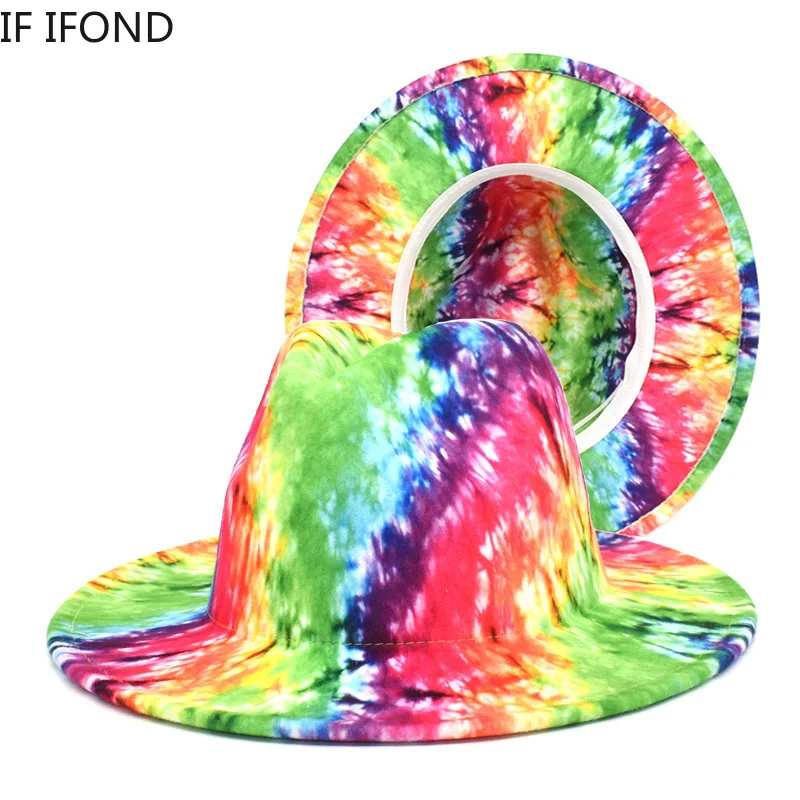 

2022 Autumn Winter Fascinator Multicolor Double-Sided Printing Women Felted Fedora Hat Men Wide-Brim Top Jazz Hat