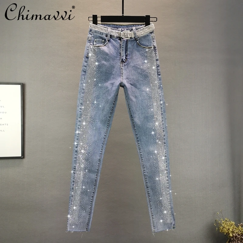

2021 Women's New Spring Elastic Slim Fit Heavy Embroidery Hot Drilling Skinny Blue Pencil Pants Stretch Female Denim Pants